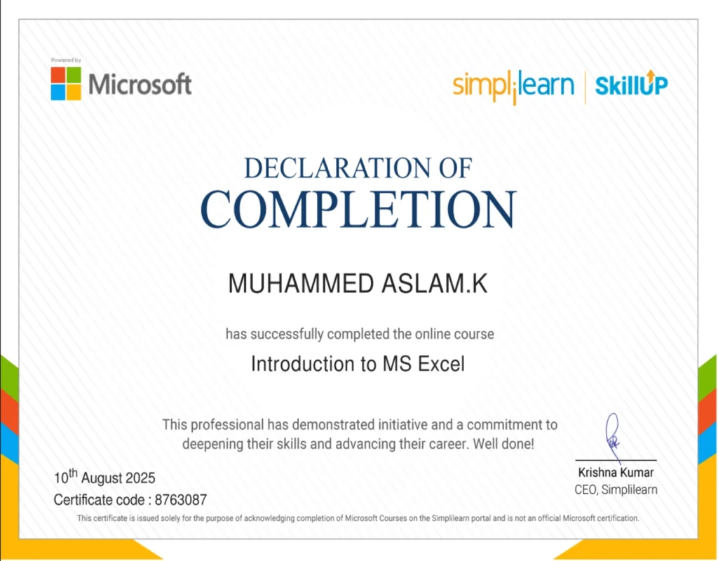 Introduction to MS Excel certificate by Microsoft and Simplilearn